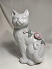 Vintage White Ceramic Cat Figurine Pink Porcelain Flowers Floral Decor