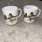 Set 2 Vintage Arcopal France Milk Glass Coffee Mug Cup Chickadee Birds R Carman