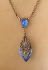 Vintage Necklace Art Nouveau Lavalier Pendant Sapphire Blue Antique Czech Glass