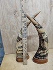 Vintage Carved Water Buffalo Horn Pair Dragon   Phoenix 14 5  Tall W  Wood Base