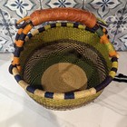 African Ghana Bolga Market Basket Handwoven Elephant Grass Leather Handle 16   