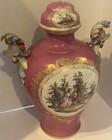 Large 19th C  German Porcelain Pink Ground Scenic Urn W  Figural Handles