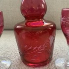 Vintage Floral Etched Cranberry Glass Decanter Carafe Stopper   4 Glasses