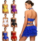Womens Latin Dance Leotard Halter Feather Trim Cut Out Bodysuit Samba Cha-cha 
