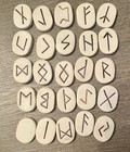 Vtg 25 Pc White Ceramic Rune Stone Set Ancient Norse Viking Pagan Symbols   Bag