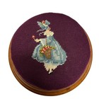 Antique Vintage Victorian Lady Needlepoint Round Footstool Ottoman Short