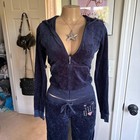 Vintage Juicy Couture Y2k Logo Navy Blue Velour Tracksuit Set 2-piece Size M