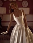 Ivory Satin Square Neck Sleeveless Corset Ball Gown Wedding Dress Train