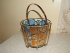 Vintage Mid-century Modern Glass Ice Bucket With Brass Caddy Stand Blue And Gold