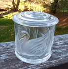 Vintage Clear Glass Embossed Swan Round Lidded Powder Dresser Vanity Candy Jar