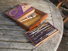 Antique Brass Technical Drawing Instruments Set  With Extras Mahogany Case   Key
