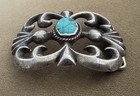 Vintage Sandcast Sterling Silver Turquoise Native Navajo Signed Vjd Belt Buckle