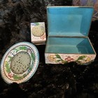 Vintage Chinese Cloisonne 3pc Desk Set Carved Jade Trinket Box Match Ashtray