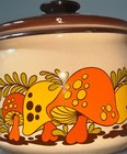 Vintage Enamel Mushroom Teapot Brown Orange Kitchy Retro