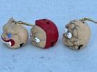 Vintage Japanese Clay 3  Bells Dorei Hyottoko Face Lucky Charms 1950 s Set Of 3