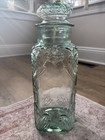 Antique Inspired Green Glass Apothecary Jar W lid     Vintage Art Glass 13 5    Tall