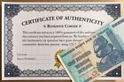100 Trillion Dollar Authentic Zim Zimbabwe 2008 Aa Bond Coa Certificate Uv Pass