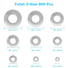 800 Pcs 304 Stainless Steel Flat Washers Assortment Set  9 Sizes For Screws And
