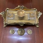 Rare Antique  Vtg Footed Ornate Brass Desk Inkwell Stand Double Glass Inkwells