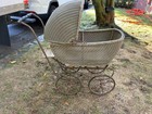 Vintage Antique Beige Wicker Baby Carriage Pram With Metal Wheels