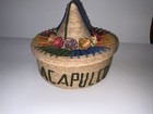 Vintage Acapulco Basket And Lid Of A Mexican Sombrero   Flowers Hand Woven
