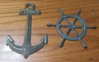 Nautical Anchor And Ship Wheel Decor Set Teal Patina Cast Iron Coastal Wall Art