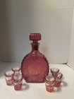 Decanter Cranberry W square Stopper Plus Six Cranberry   Clear Shot Glasses
