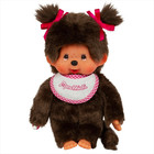8  Large Monchhichi Doll - Classic Girl With White And Pink Bib - Authentic