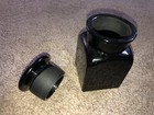 Vintage Black Glass Pharmacy Apothecary Jar W Ground Glass Lid 4 1 2  Tall