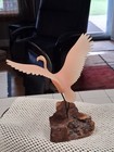 John Perry Open Winged Pink Flamingo Sculpture 8    Burlwood Base Vintage Usa