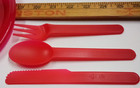 Vintage Red Plastic Plates Cups And Utensils Set Of 4 Each