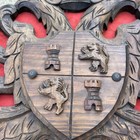 21x16 Antique Carved Wooden Plaque Coat Of Arms Family Crest Eagle And Shield