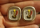 Vtg 70s Silver Tone Enamel Fly Fishing Hook Inside Bubble Glass Cufflinks
