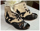 Vtg 1800s Baby Lace Up Boots Antique Black   Ivory Leather Victorian Doll Shoes