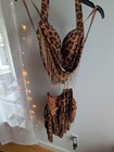 Women   s Brown Leopard Print Belly Dance Costume Set Bra Top Skirt Fringe Satin