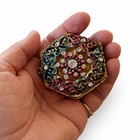 Hexagonal Filigree Trinket Box Vintage Gold Enamel Rhinestone Pill jewel Case