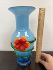 Vtg Art Glass Vase Cobalt Blue Applied Red Flower   Green Stem - 12    Tall