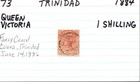 Trinidad Postage Stamp Sc73 Used Queen Victoria 1884 1 Shilling Fancy Cancel