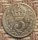 1911 Great Britain 3 Pence Vg  925 Silver