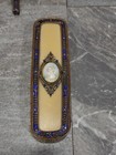 Antique Blue Enamel   Metal Vanity Set Mirror Brushes Victorian French Filigree 