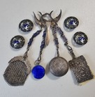 Rare Antique Victorian Cobalt Enameled Bluebirds Chatelaine   4 Buttons