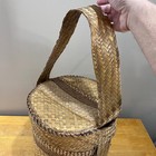 Vtg Hand Woven Pandanus Leaf Basket Lid Handle Lined Boho Tropical Tribal Decor