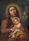 Antique Oil Painting St  Joseph Christ Child Mexican Saint Retablo Spanish 19thc