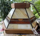 Arts Crafts 80s Mission Style Stained Glass Light Oak Frame Brass Leaded Slag