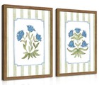 Framed Floral Wall Art Set Of 2  Vintage Blue Flower Botanical Canvas Wall