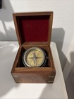 Vintage Gimbaled Nautical Brass Compass In Wood Box Maritime Item 9402