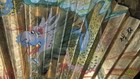 Large  Asian Folding Gold Wall Fan Hand Painted Dragons Dueling Signed