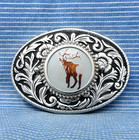 Western Bull Elk Belt Buckle Floral Scroll Hunter Sportsman Cowboy Vtg    cpa843