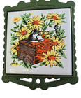 Vtg Mcm Cast Iron Trivet 9 x5  Yellow Daisies Coffee Grinder Green Kitchen Retro