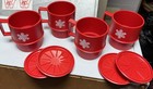 Vtg Tupperware Coffee Cup Mug Christmas Stackable Set Of 4 Red Snowflake W  Lids